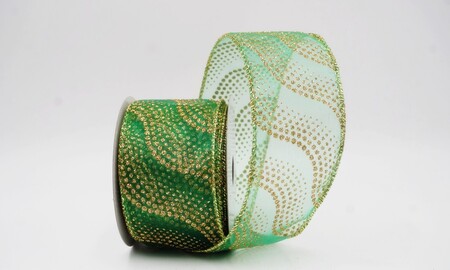 Groen glitterlint met golvend stippenpatroon_KW0475G-15
